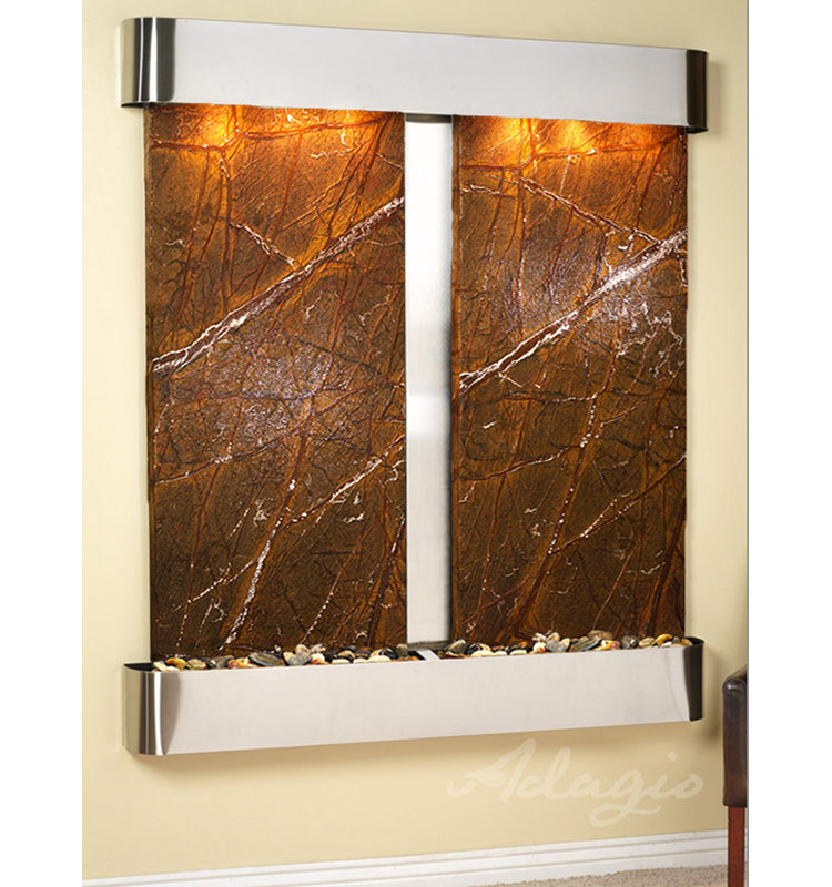 Cottonwood Falls Fountain with Light, Black Feather, Stainless Steel, Rounded