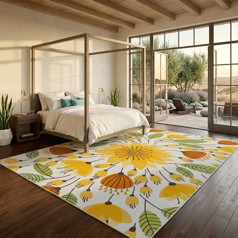 Frankin Washable Floral Area Rug, Indoor Non-Slip Low-Pile Mesh Rug for Living Room, Bedroom, Kitchen & Entryway​