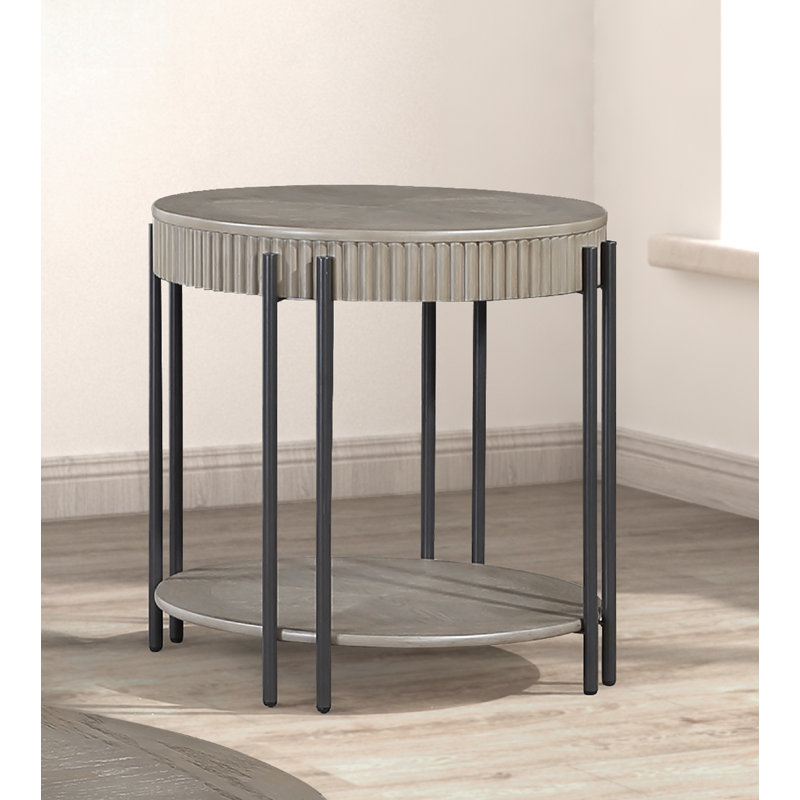 Table de bout ronde contemporaine avec tablette de rangement 1pc, brun noir, brun clair et beige