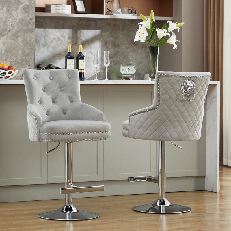 Jakhai Swivel Adjustable Height  Bar Stool with Metal Frame, Gray, Chrome