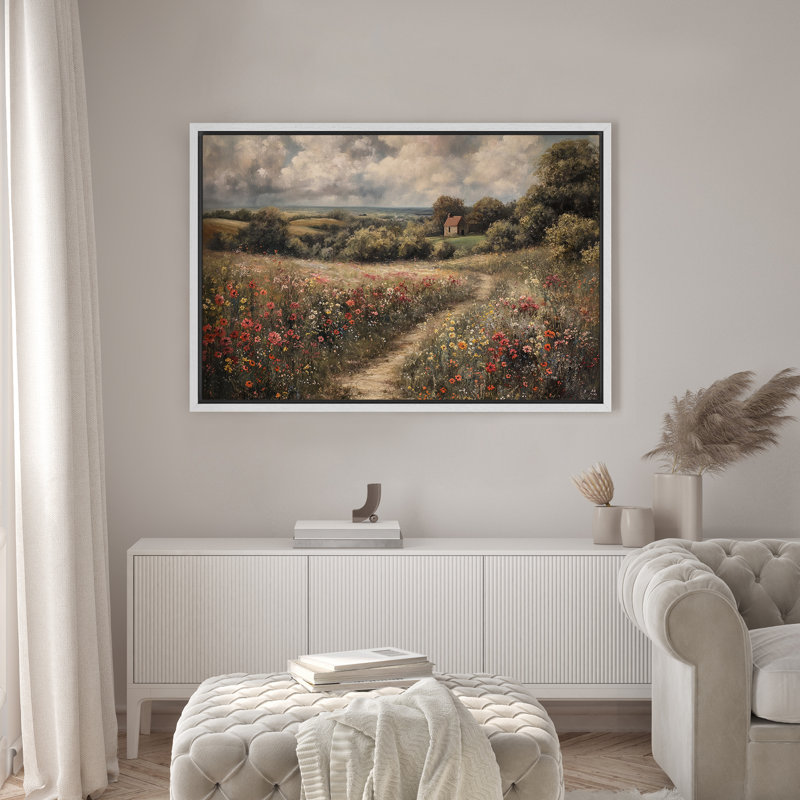 Route de campagne rustique à travers le champ de fleurs sauvages, paysage champêtre serein, nature, Blanc, H 16 po x l 24 po