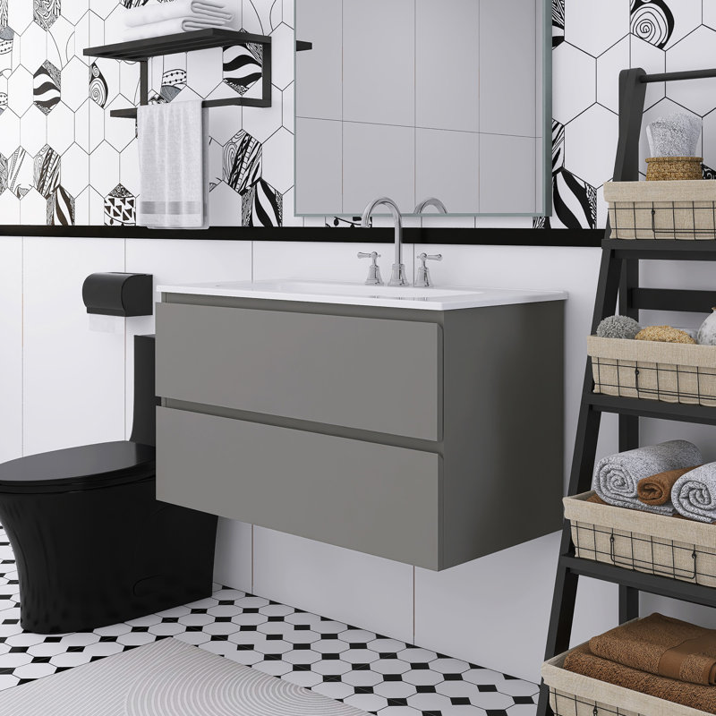 Meuble-lavabo flottant mural 36 po avec lavabo en céramique blanche, Gris