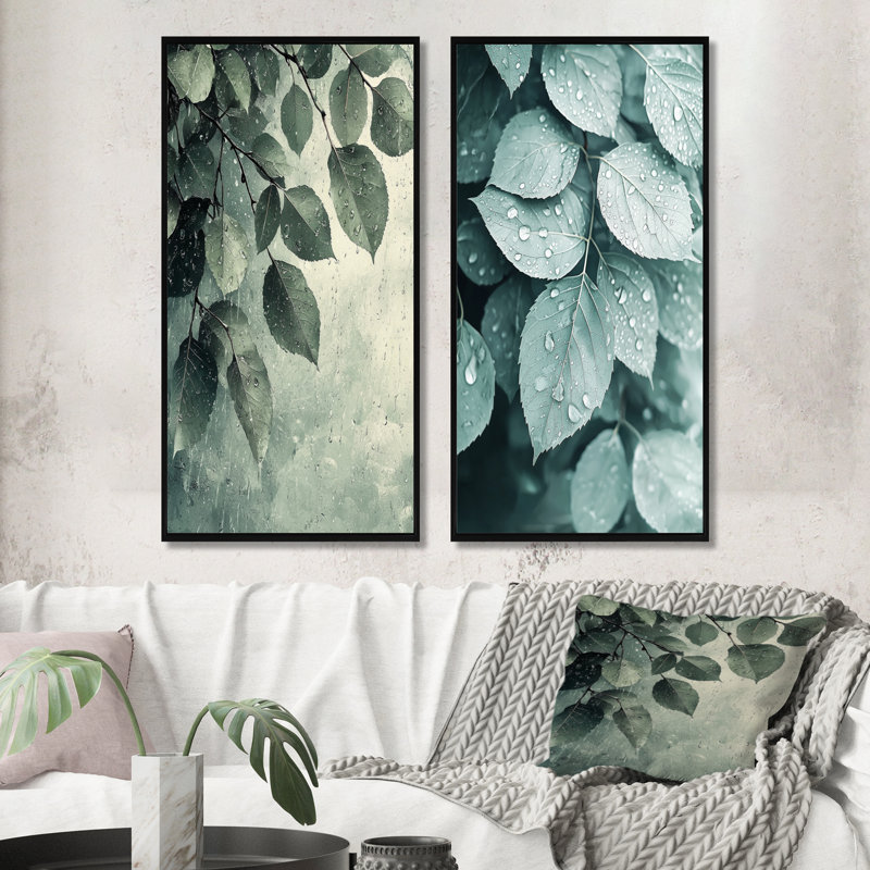 Rainy Day Leaves Collage I - Art mural floral 2 panneaux, 28" H x 25" W, Cadre flottant noir