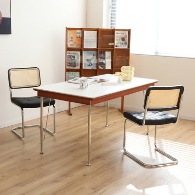 Ensemble de 2 chaises d'appoint latérales en simili cuir et rotin, noir, pieds chromés, design Mid-Century Breuer