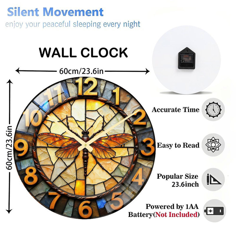 Horloge murale vitrail libellule - 24 po
