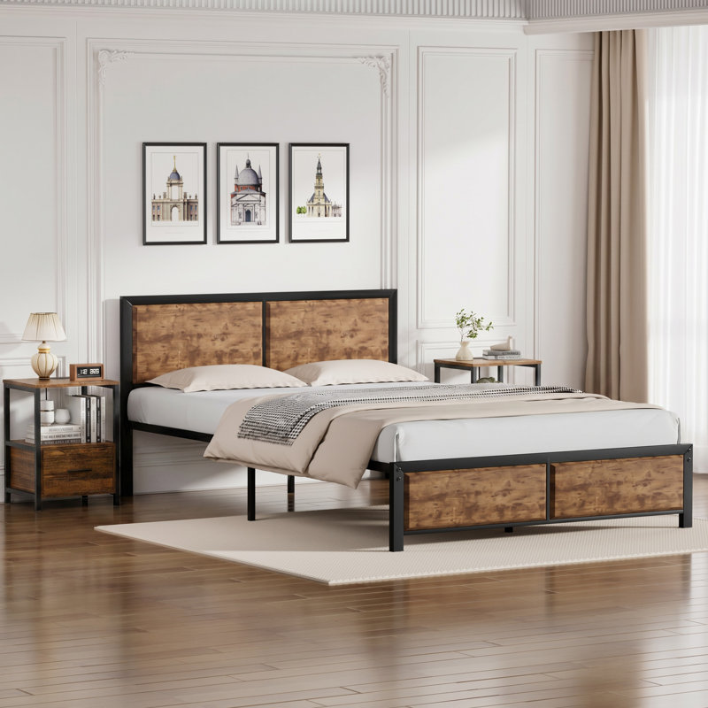 Laurea 3 Piece Bedroom Set, Industrial Bed Frame with 2 Nightstands Set, Metal Platform Bed with Wood Headboard & Footboard, Farmhouse Bedroom Furniture Set with Charging End Tables, 2 AC Outlets & 2 USB Ports, No Box Spring Needed