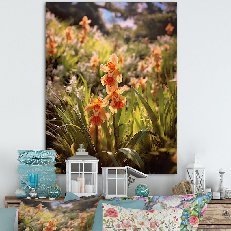 Orange, orchidées exotiques, vert, élégance, H 20 po x l 12 po x P 1 po, Toile tendue