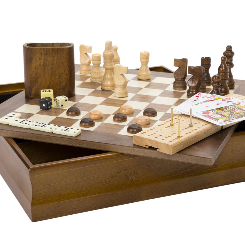 7-in-1 Classic Wooden Board Games Set - Family Game Night with Cards, Dice, Chess, Checkers, Backgammon, Dominoes, and Cribbage
