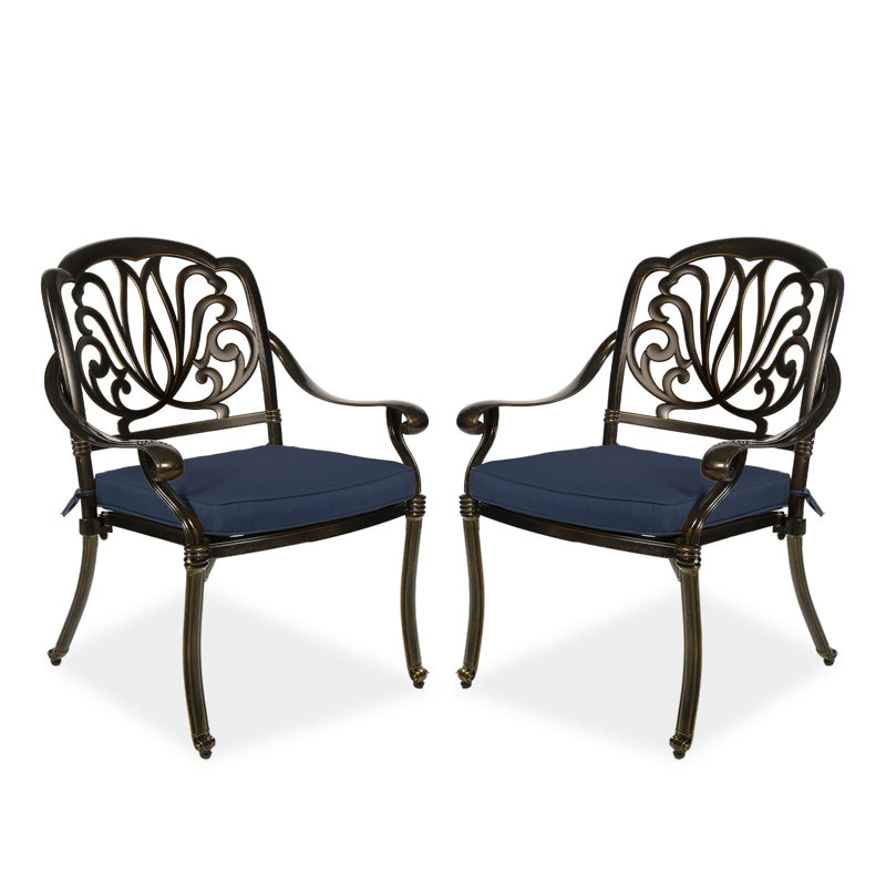Chaise de patio empilable avec coussin, Bronze foncé, Bleu marine
