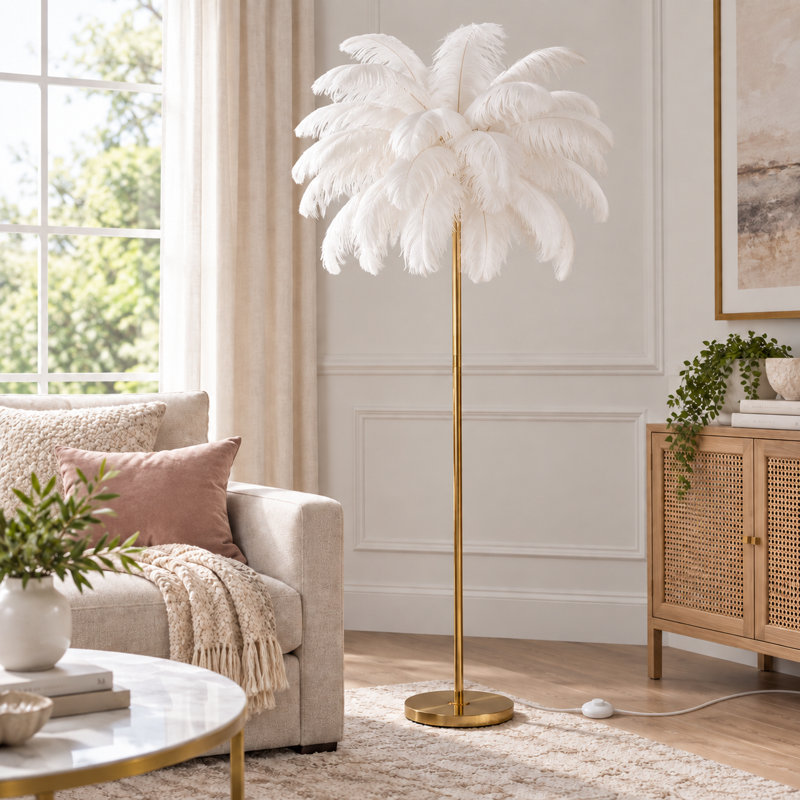 Lampe sur pied moderne de 63 po à plumes avec éclairage 3 couleurs, abat-jour surdimensionné en plumes d'autruche de plus de 40 cm et interrupteur au pied, doré