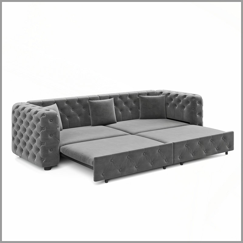 Très grand canapé-lit multifonctionnel de 89 po, canapé-lit coulissant 3 en 1, canapé classique en velours 4 places avec design capitonné, comprend 3 coussins décoratifs, convenant aux appartements et aux salons, gris