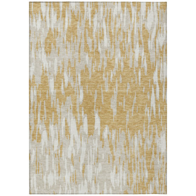 5' X 8' Gold And Ivory Abstract Washable Indoor Outdoor Area Rug