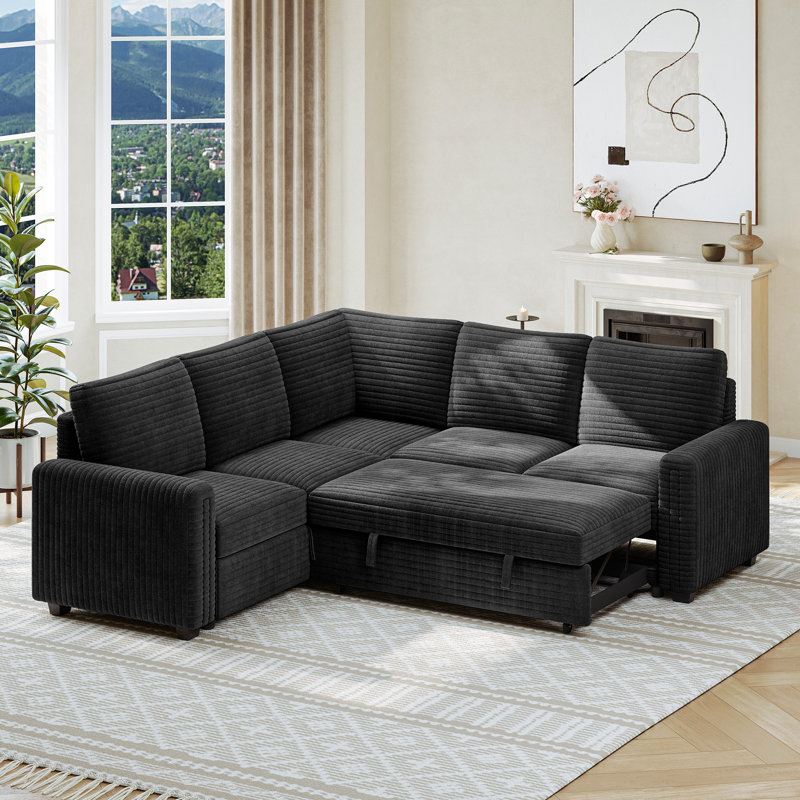 88 "corduroy L-shaped Sofa With Storage Can Be Converted Into A Sofa Bed, Black Corduroy