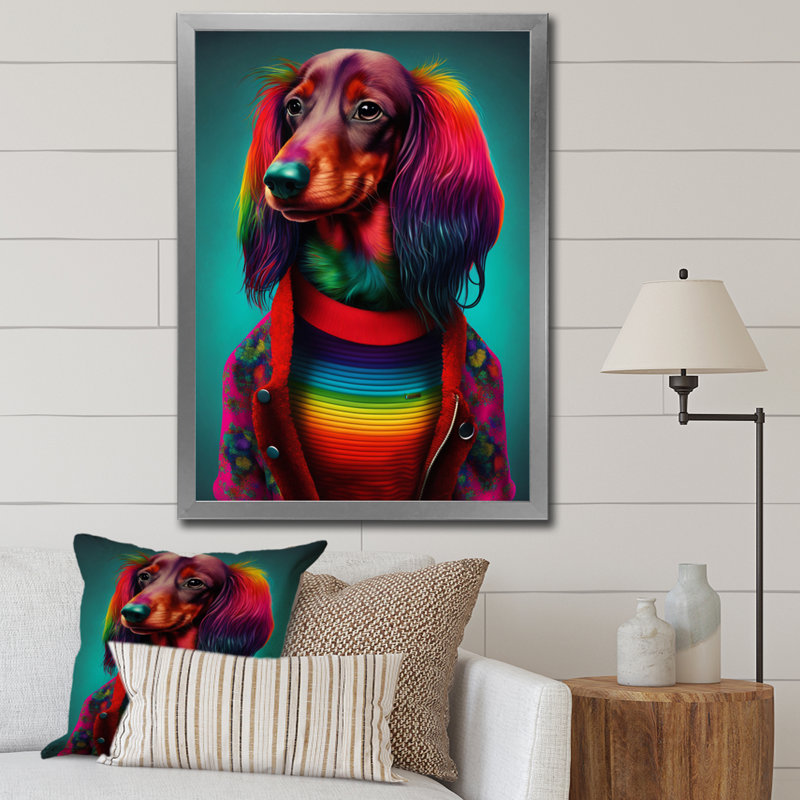 Impression sur toile Cool Dachshund In Rainbow Designer, Cadre simple argenté, H 32 po x l 16 po x P 1 po