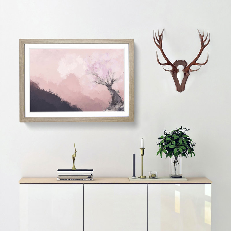 The Pink Cherry Blossom Tree in Abstract - Picture Frame Painting Print, 27cm H x 36cm W x 2cm D, Oak Framed