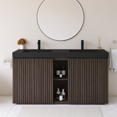 60" Freestanding  Bathroom Vanity With Black Solid Surface Basin