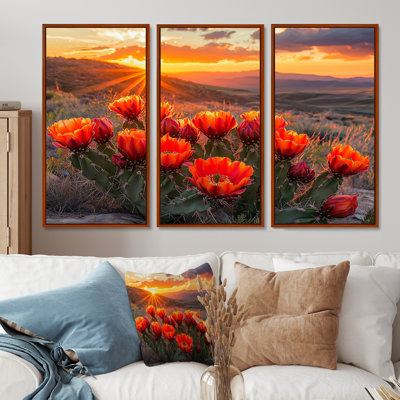 Blooming Cacti At Sunset II - Cactus Wall Art - Set Of 3