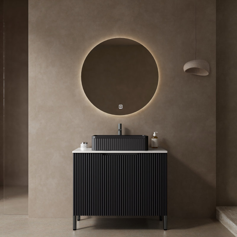 Meuble-lavabo de 30 po, lavabo en céramique noire, comptoir en pierre frittée blanche, rangement autoportant, style scandinave, système de fermeture en douceur avec armoire, style moderne