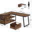 Bureau d'ordinateur en L réversible de 53 po avec 3 tiroirs et tablettes de rangement, bureau de coin industriel avec classeur, poste de travail compact pour les petites pièces
