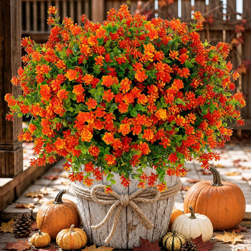 Paquet de 12 fleurs artificielles pour maman - Plantes d'extérieur en soie résistantes aux rayons UV (rouge-orange)