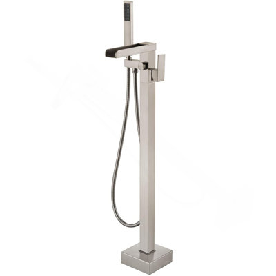 Robinet de salle de bain autoportant avec robinet à fixation au sol en nickel brossé et douche à main