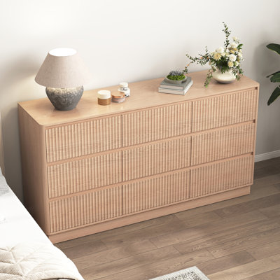 Commode 9 tiroirs pour chambre à coucher avec grands tiroirs, commode en bois, grande commode de plancher, long meuble télé moderne, table d'appoint avec rangement Mid-Century, naturel