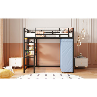 Lit mezzanine en métal avec bureau intégré, étagère, prise de courant, garde-robe à DEL et rangement - Système de tablette complète pour votre chambre, prise d'alimentation, rangement pour vêtements