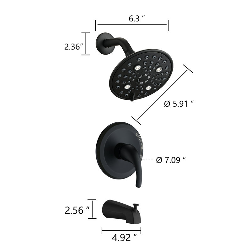 Ensemble de pomme de douche 5 fonctions à poignée simple avec bec de baignoire (valve incluse)