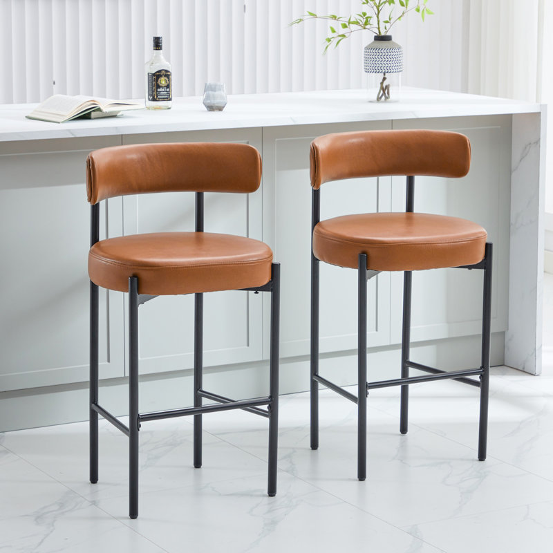 Tabouret de bar 30 po en similicuir rembourré avec dossier incurvé et structure en métal, Whisky brun, 2