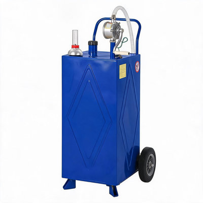 35 Gallon Metal Fuel Tank Reinforced Frame with 2 Wheels and 2 Support Legs Blue Portable Gas Caddy for Fuel Transfer on Farm Garage Lawn Tractor Mower ATV and Outdoor Equipment
