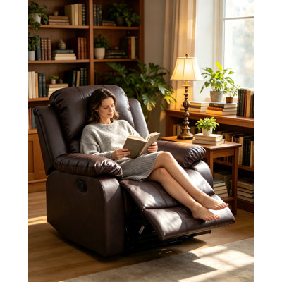 38.5" Wide Breathable Leather Manual Recliner Chair Cushion Back Pillow-Top Arm Brown