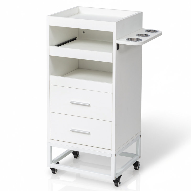 White Salon Trolley Cart With Wheels And 2 Drawers, 2 Compartments, 3 Metal Tool Holders, White
