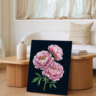 Toile, illustration détaillée de deux fleurs de pivoines luxuriantes avec art mural doux, pétales roses avec dégradés délicats et art mural sur toile subtile