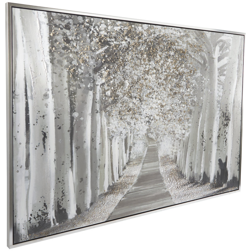 Toile blanche, paysage de forêt encadrée, cadre mural argenté, L 71 po x H 47,5 po