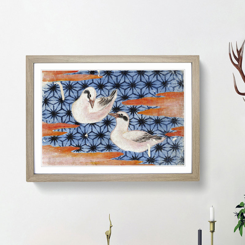 Two Seagulls by Katsushika Hokusai - Picture Frame Painting Print, 27cm H x 36cm W x 2cm D, Oak Framed