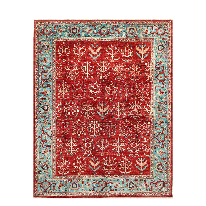 Tapis rouge / bleu sarcelle en laine noué à la main de conception unique 7 pi 10 po x 10 pi