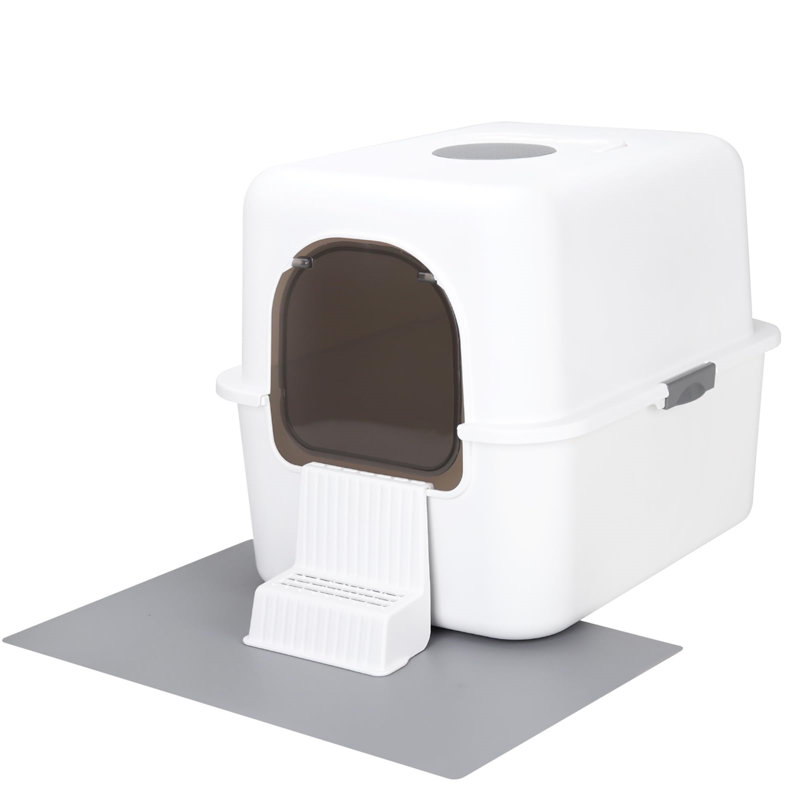Compact White Plastic Enclosed Cat Litter Box with Pedal