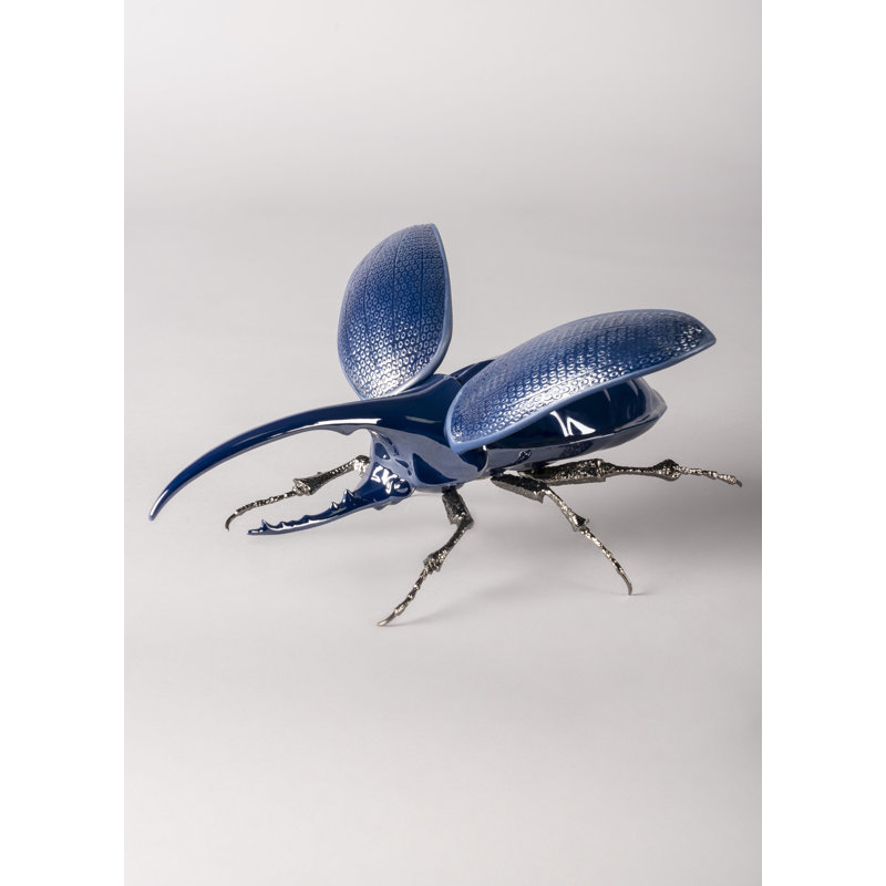 Blue Porcelain Hercules Beetle Sculpture with Brass Legs