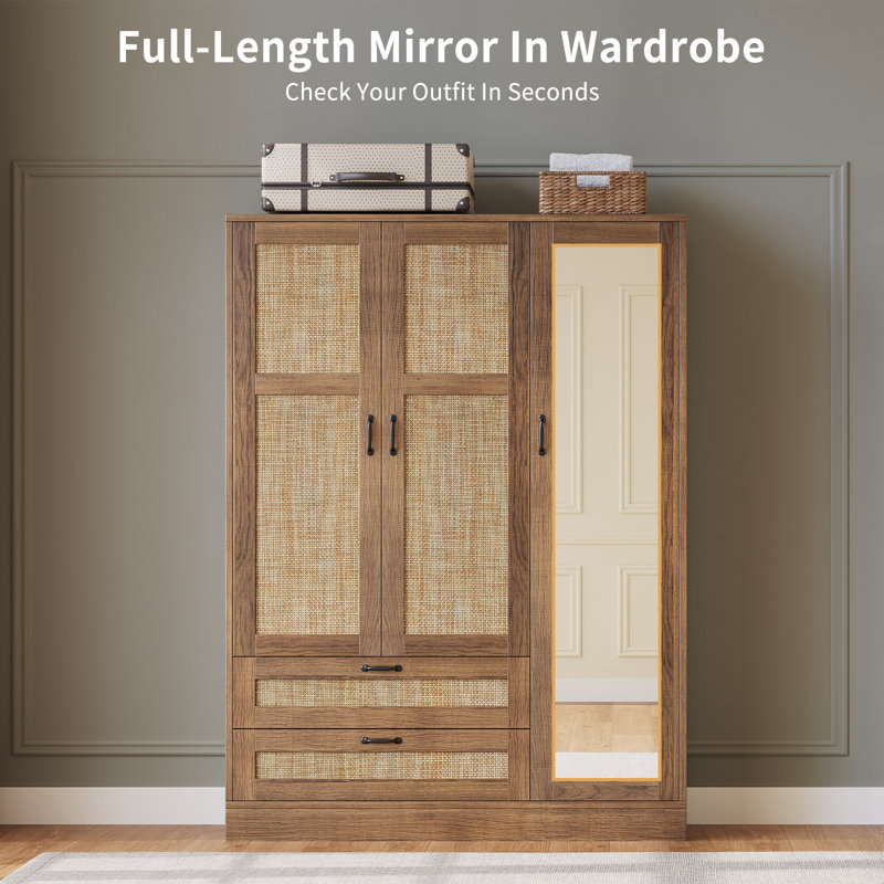 Armoire-penderie en rotin avec miroir pleine longueur, armoire à 3 portes avec 2 tiroirs, armoire de style bohème de style campagnard avec tringle pour chambre à coucher