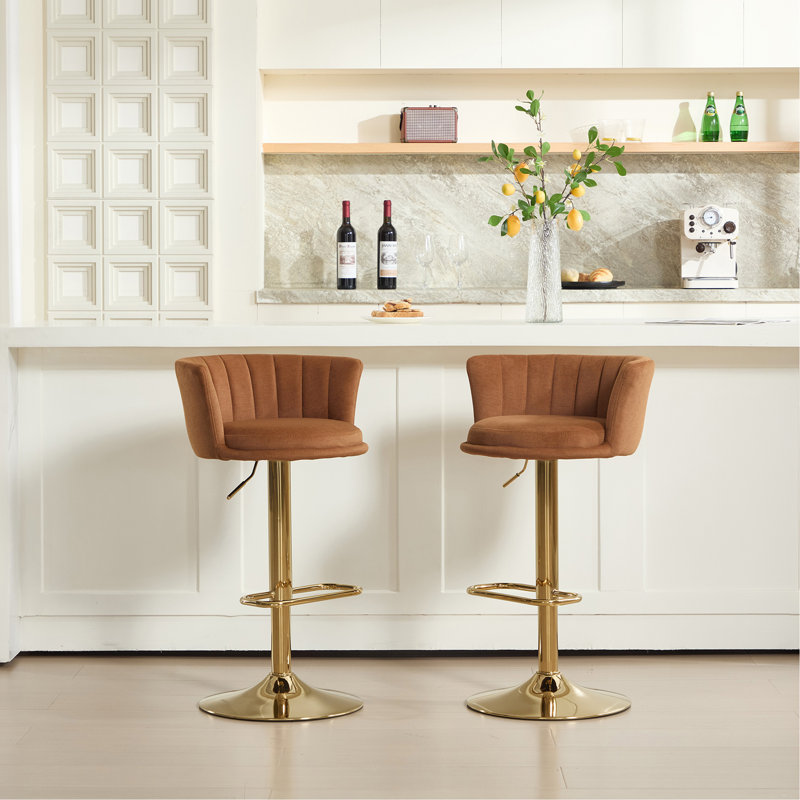 Ensemble de 2 tabourets de bar, avec repose-pieds chromé et base pivotante en velours à hauteur réglable et tabouret de bar simple doré - orange