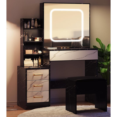 Coiffeuse de maquillage avec miroir coulissant à DEL, prise de courant et ports USB, 4 tiroirs de rangement, tablettes ouvertes et tabouret, coiffeuse de chambre à coucher avec éclairage réglable