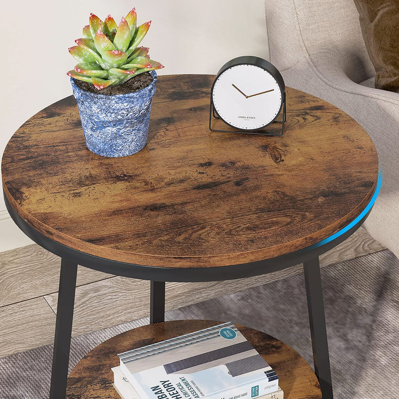Table de bout industrielle 19,68 pouces avec tablette de rangement, table d'appoint ronde à 2 niveaux pour petits espaces, brun rustique, table de chevet robuste ou table basse