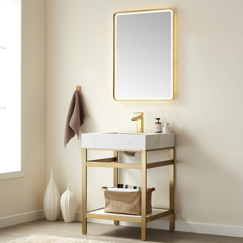 Ensemble de meuble-lavabo simple 24 po Funes, Blanc montagne enneigée, Or brossé, Or brossé
