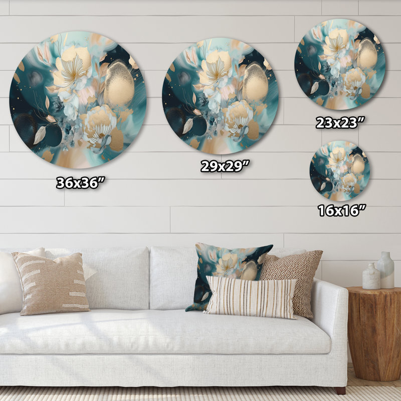 Blue And Gold Exploring Floral Forms IV - Abstract Floral Round Wall Art on Metal, 36" H x 36" W x 1" D