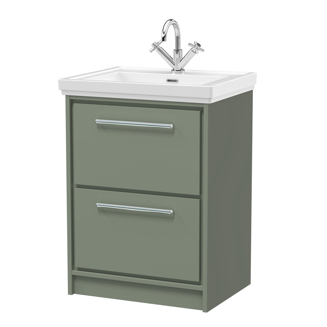 Hudson Reed Lille 600mm Fern Green 2 Drawer Floor Standing Vanity Unit With 1 Tap Hole Fireclay Basin