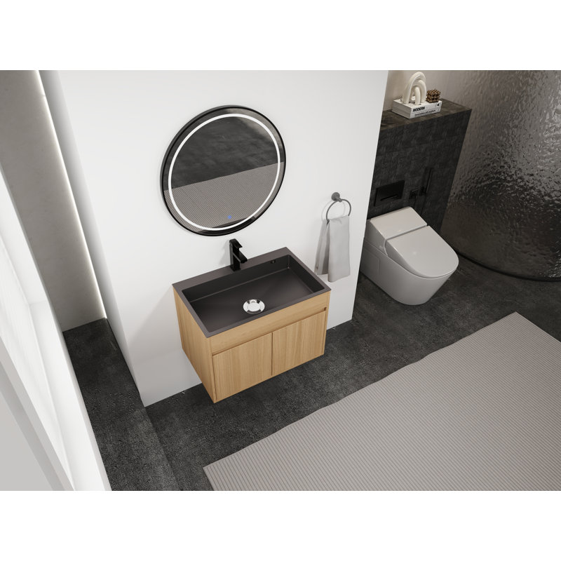 Meuble-lavabo mural 27 7/16 po - Bassin en acier inoxydable gris acier, armoire à grain de bois et portes à fermeture en douceur