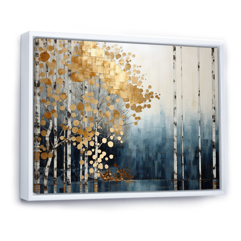 Minimalisme bleu et forêt dorée - art mural forêt, H 34 po x l 44 po x P 1,5 po, Cadre flottant blanc