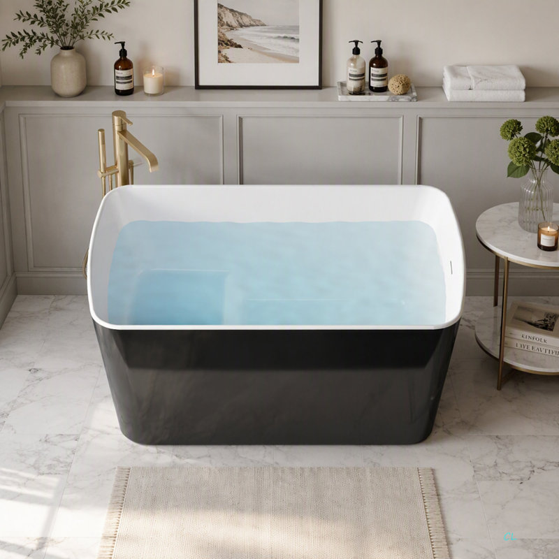 Baignoire de trempage autoportante en acrylique, baignoire de trempage japonaise de forme carrée, conception à asseoir avec trop-plein et drain chromés, disponible pour livraison express