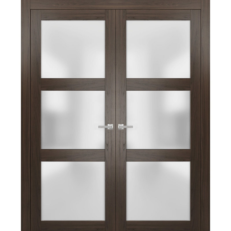 Portes françaises en verre givré Lucia, Frêne chocolat, 84 po x 84 po