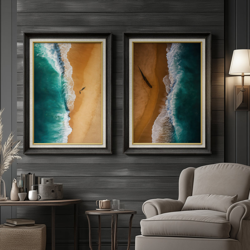 Scène de plage aérienne côtière moderne minimaliste - ensemble de 2 reproductions d'art mural encadrées de qualité supérieure sur papier 26 po x 36 po